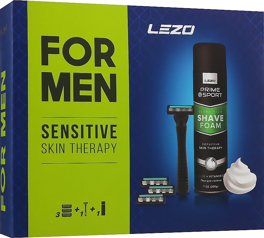 Set - Lezo Box Prime Sport Sensitive (sh/foam/200ml + razor + blade/3pcs) — photo N1