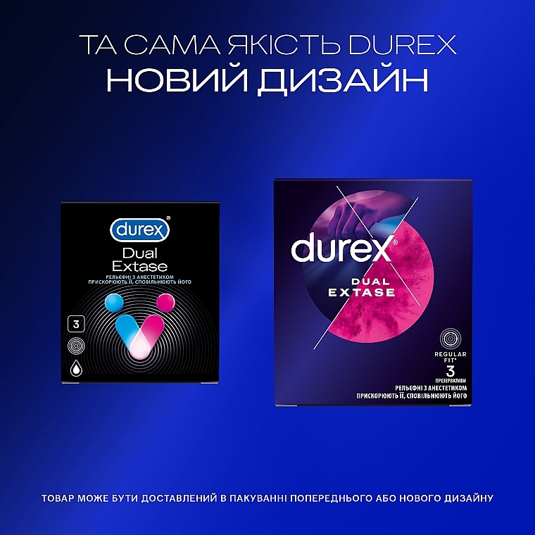 Latex Condoms with Silicone Lubricant, ribbed with anesthetic, 3 pcs - Durex Dual Extase — photo N4