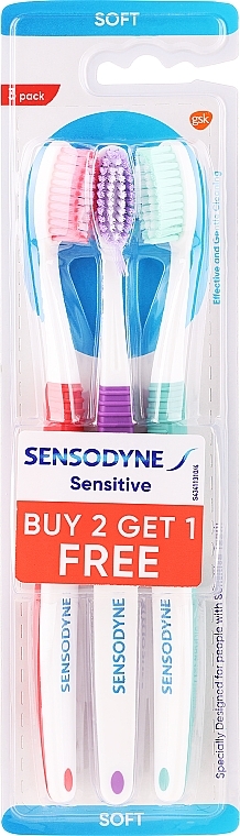 Toothbrush Set, 3 pcs, Red + Purple + Green - Sensodyne Sensitive Toothbrush 2+1 Pack — photo N1