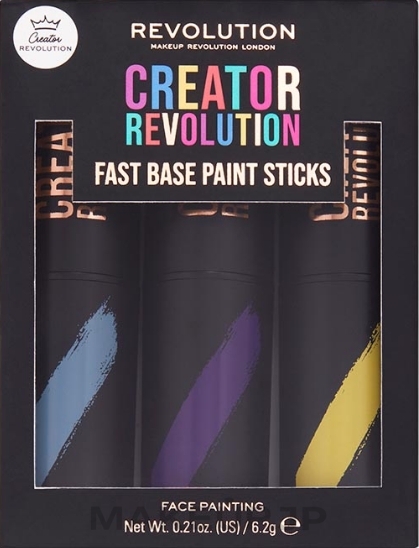 Makeup Stick Set - Makeup Revolution Creator Fast Base Paint Stick Set Light Blue, Purple & Yellow — photo 6.2 g