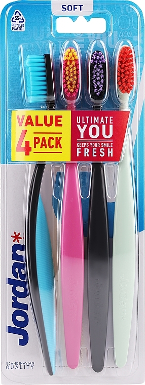 Toothbrush, soft, 4 pcs, black + pink + mint - Jordan Ultimate You Soft Toothbrush — photo N1