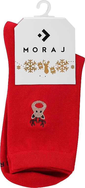 Women's High Socks with Christmas Embroidery, red with deer - Moraj — photo N1