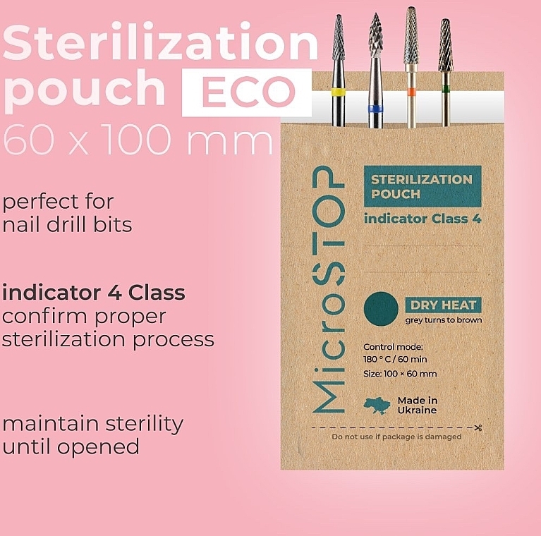 Sterilization Kraft Bags 60x100 mm, 100 pcs (with class 4 indicator) - MicroSTOP Sterilization Pouch With Indicator (Class 4) ECO — photo N1