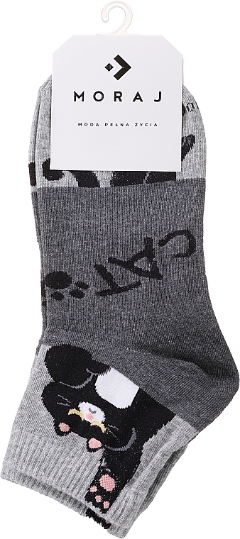 Women Short Cotton Socks, size 3/4, with kitten pattern, grey - Moraj — photo N1