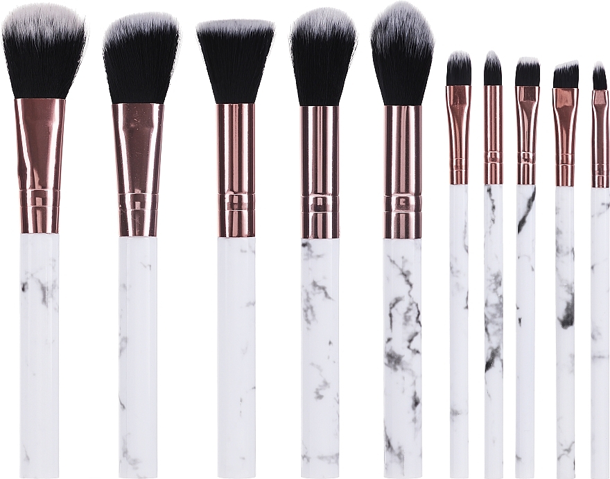 Makeup Brush Set, white-gold, 10 pcs - Lewer Brushes 10 Mottled White Gold Black Bristles — photo N4