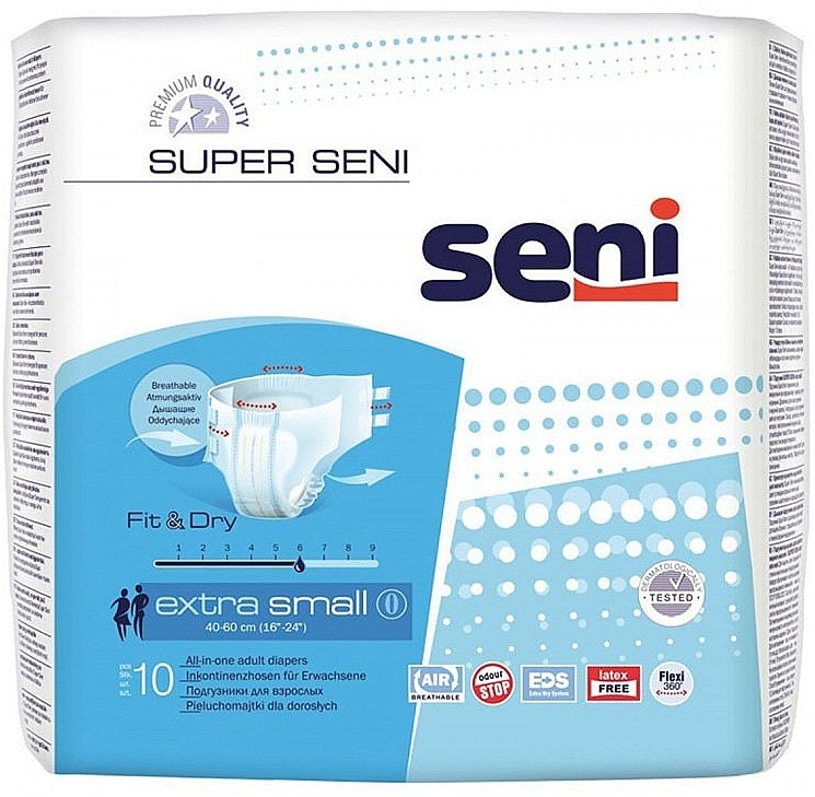 Adult Diapers, 40-60 cm, 10 pcs - Seni Super Seni Extra Small 0 Fit & Dry  — photo N1