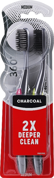 Toothbrush with Activated Charcoal, Medium Hard, pink + light green - Colgate 360 Black Toothbrush Medium — photo N1