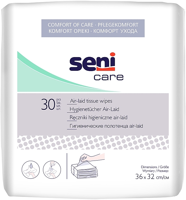Hygiene Towels, 30 pcs. - Seni Care Air-Laid Tissue Wipes — photo N1