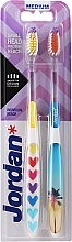 Fragrances, Perfumes, Cosmetics Medium Toothbrush, white-yellow with hearts + white-blue with palm tree - Jordan Individual Reach Medium