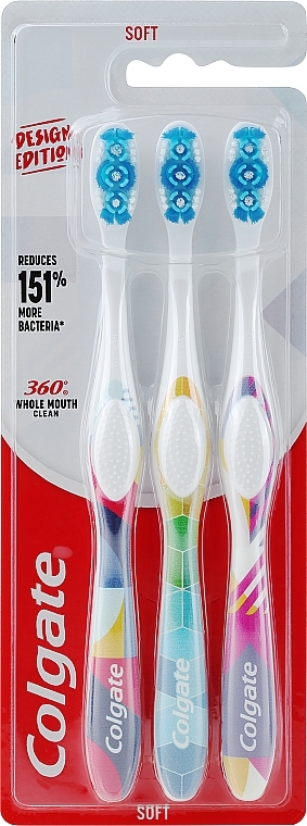 Soft Toothbrush Set, 3 pcs, design 3 - Colgate 360 Design Edition — photo N1