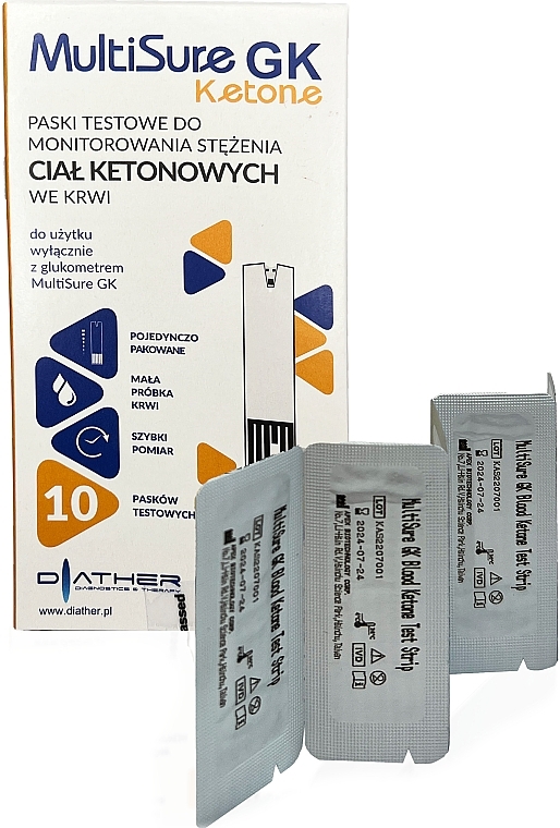 Ketone Test Strips for Blood Level Detection, 10 pcs - Diather Diagnostics & Therapy MultiSure GK Ketone — photo N2