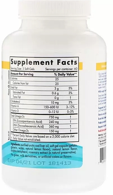 Dietary Supplement with Orange Taste 750 mg "Omega-3" - Nordic Naturals Cod Liver Oil — photo N2