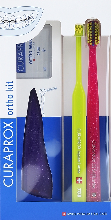Set, option 37 (blue, light green, pink) - Curaprox Ortho Kit (brush/1pcs + brushes 07,14,18/3pcs + UHS/1pcs + orthod/wax/1pcs + box) — photo N1