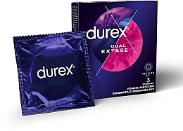 Latex Condoms with Silicone Lubricant, ribbed with anesthetic, 3 pcs - Durex Dual Extase — photo N1