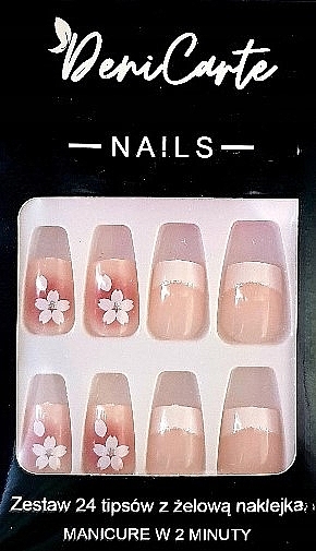 Square Nail Tips, white flowers, 24 pcs. - Deni Carte Nails 7189 — photo N1