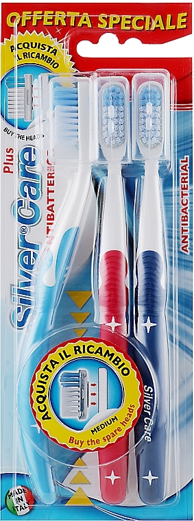 Toothbrush Set "Silver Care Plus" 3pcs, medium, blue + red + blue - Silver Care — photo N1