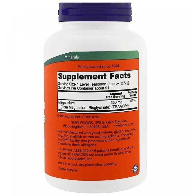 Magnesium Bisglycinate Minerals, 250 mg, powder - Now Foods Magnesium Bisglycinate Powder — photo N2