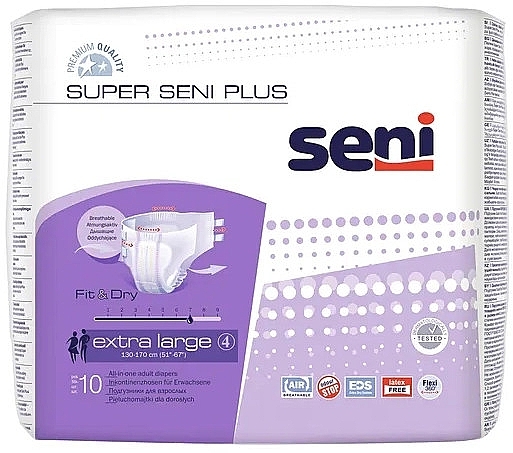 Super Seni Plus Adult Diapers, 130-170 cm - Seni Medium Extra Large 4 Fit & Dry  — photo N1