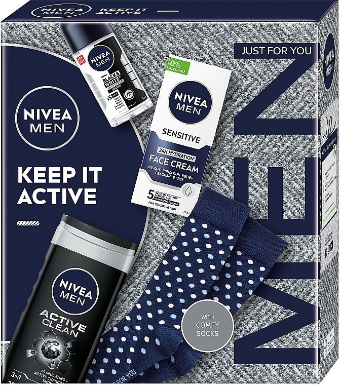 Set - NIVEA MEN Keep It Active 2024 (f/cr/75ml + deo/50ml + sh/gel/250ml + socks/2pcs) — photo N1