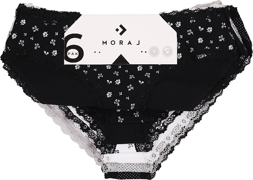 Women Bikini with Pattern & Lace Trim, 6 pairs, black + grey + white - Moraj — photo N1