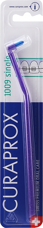 Single-Tufted Toothbrush 'Single CS 1009', purple with glitter and blue bristles - Curaprox — photo N1