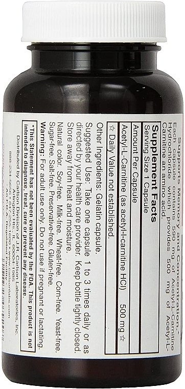 Acetyl L-Carnitine, 500 mg - Carlson Labs Acetyl L-Carnitine — photo N19