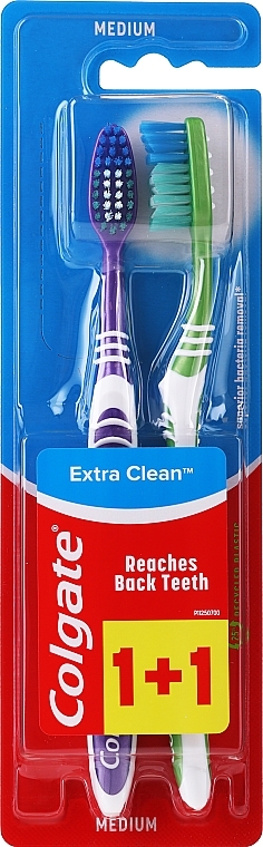 Toothbrush Medium "Extra Clean", purple + green, with white stripes - Colgate Extra Clean Medium — photo N1