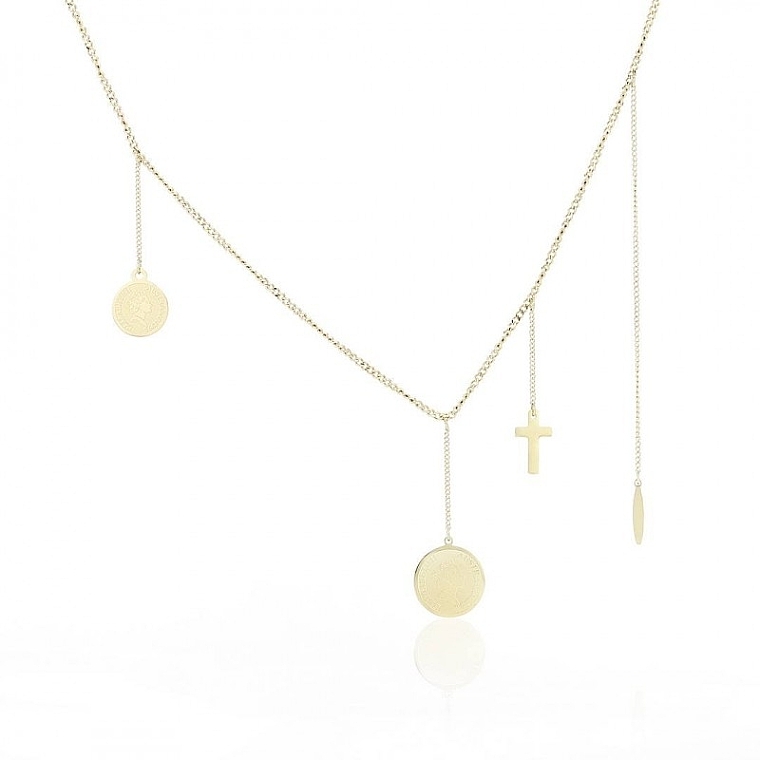 Gold-Plated Stainless Steel Necklace with Pendant Coins & Cross - Ecarla — photo N1