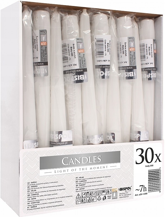 Table Candles Set 245x30mm, 30 pcs, white - Bispol — photo N1