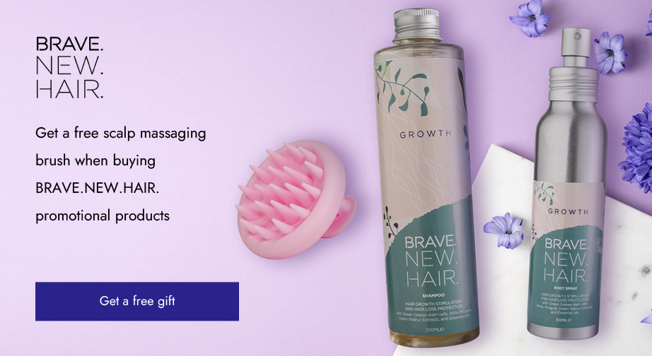 Buy BRAVE.NEW.HAIR spray and shampoo from the Growth line for active hair growth and get a free scalp massaging brush