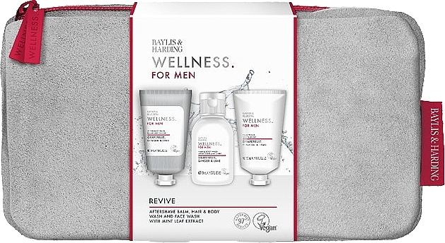 Set - Baylis & Harding Wellness For Men Revived & Ready Wash Bag Gift Set (ash/balm/50ml + sh/gel/100ml + f/wash/50ml + bag/1pc) — photo N1