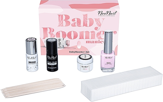 Set - NeoNail Professional Baby Boomer Set (top/7,2ml + base/7,2ml + gel/5ml + gum/12ml + sponge/25pc + sticks/10pc) — photo N1