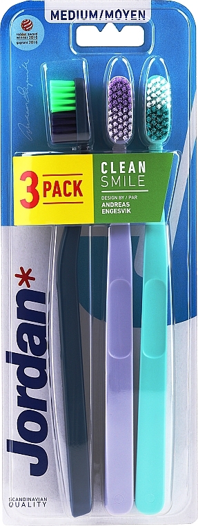 Medium Toothbrush, 3 pcs (dark-blue, lilac, mint) - Jordan Clean Smile Medium — photo N2