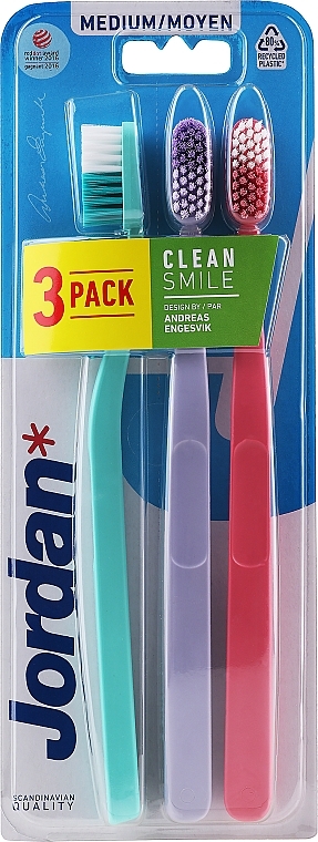 Toothbrush, medium, turquoise + lilac + pink - Jordan Clean Smile Medium — photo N1