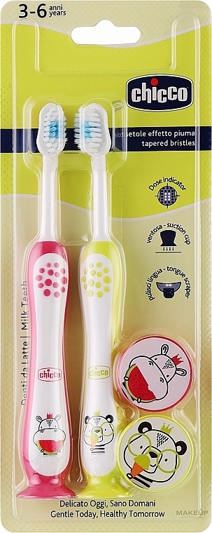 Toothbrush Set, 3-6 years, pink and yellow - Chicco Milk Teeth (toothbrush/2pcs) — photo N1