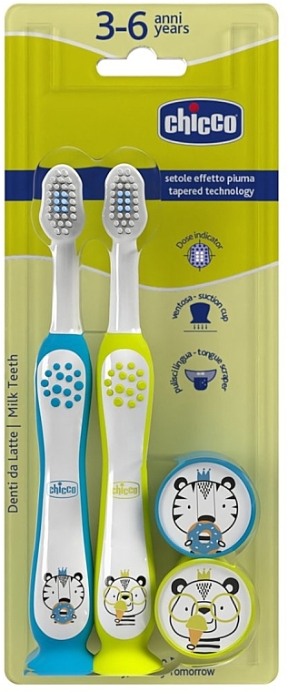 Toothbrush Set, 3-6 years, blue and yellow - Chicco Milk Teeth (toothbrush/2pcs) — photo N1