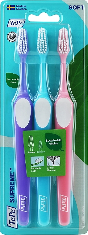 Toothbrush Set, purple + blue + pink - Tepe Supreme Soft — photo N1