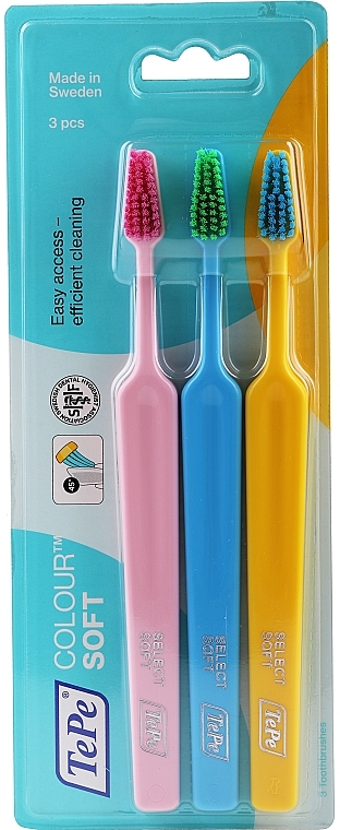Toothbrush Set, 3 pcs, pink + blue + yellow - TePe Colour Soft — photo N1