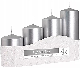 Cylindrical Candle Set, metallic silver, 4 pieces - Bispol — photo N1