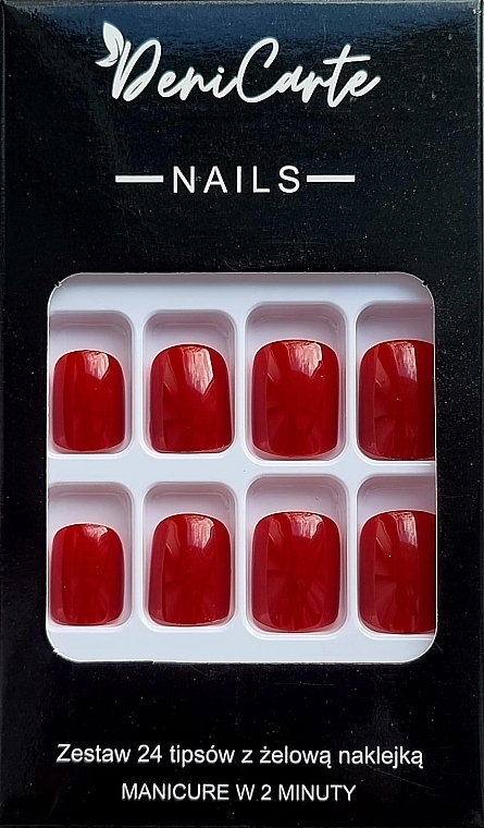 Nail Tips Set with Gel Sticker, 24 pcs. - Deni Carte Tipsy Square Red 9454 — photo N1