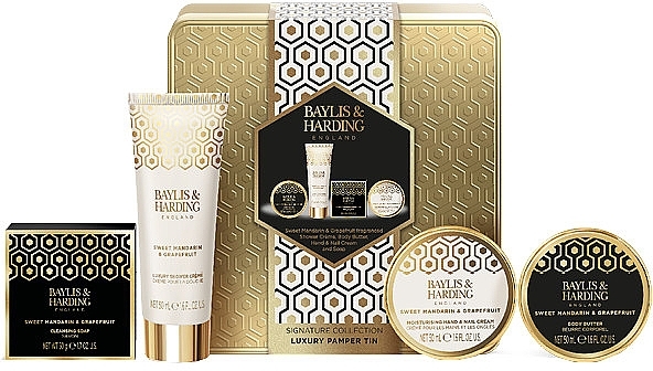 Set - Baylis & Harding Sweet Mandarin & Grapefruit Luxury Pamper Tin Gift Set (sh/cr/50ml + b/butter/50ml + h/cr/50ml + soap/50g) — photo N1