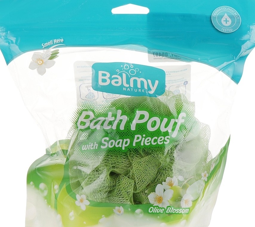 Travel Bath Sponge with Olive Soap Pieces - Balmy Naturel Bath Pouf With Soap Pieces — photo N7