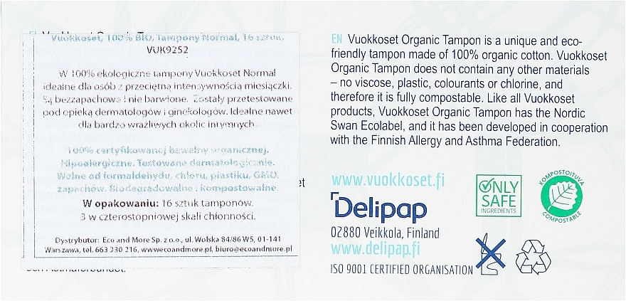 Organic Tampons without Applicator, 16pcs - Vuokkoset Organic Normal Tampons — photo N10