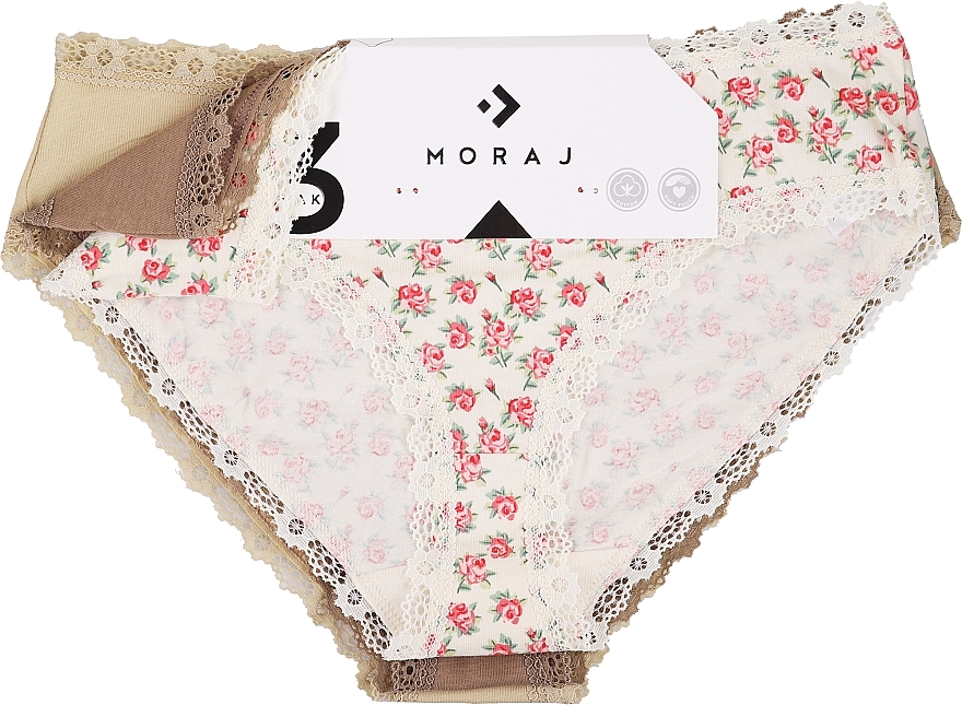 Women Cotton Panties with Fine Lace, 3 pairs, cream + brown + creamy floral - Moraj — photo N1