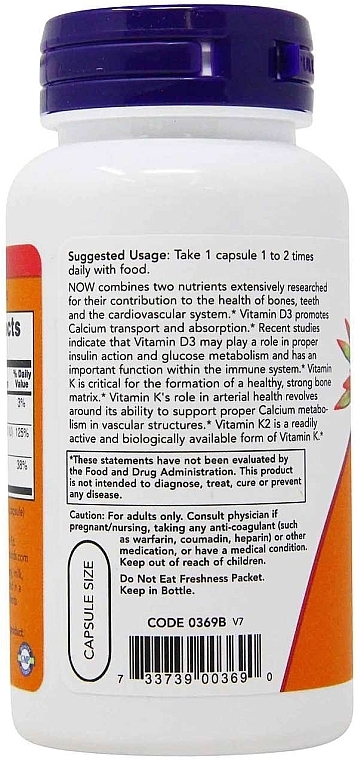 Capsules "Vitamins D3 & K-2" - Now Foods Vitamin D3 & K2 1000 IU/45mcg — photo N17