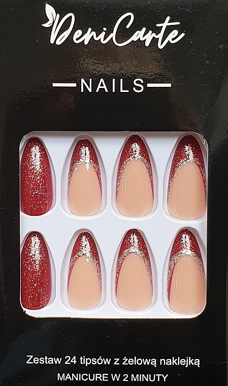 False Nails 'Red French with Gold', 24 pcs. - Deni Carte Tipsy Red Gold French 9225 — photo N1