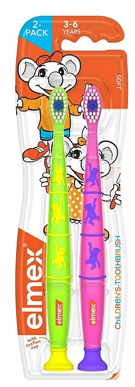 Kids Toothbrushes (3-6 years), green + pink with monkeys, 2 pcs - Elmex Toothbrush — photo N1