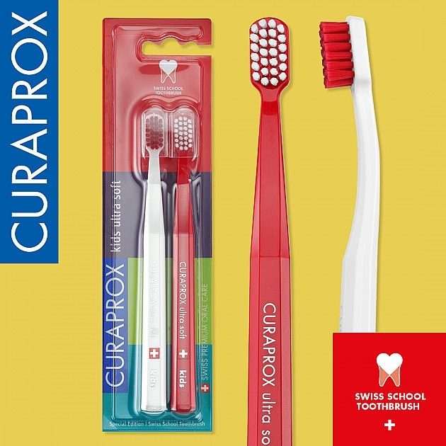 Ultrasoft Toothbrush Set, red, white - Curaprox Kids Swiss School Toothbrush — photo N9