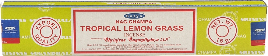 Incense "Tropical Lemongrass" - Satya Tropical Lemon Grass Incense — photo N1