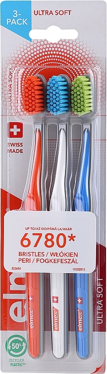 Ultra-Soft Toothbrushes, orange, white, blue - Elmex Swiss Made — photo N2